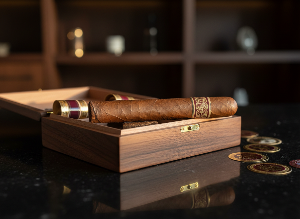 A close-up of a single luxurious cigar resting in an open dark walnut box, its rich brown wrapper leaf showing fine veins and a slightly oily sheen. Around it, neatly arranged bands in gold and deep burgundy add a sense of heritage and elegance. The box sits on a polished black stone surface in a refined lounge setting. Warm, low golden-hour style lighting from the side creates soft highlights along the cigar’s contours and gentle shadows beneath the box. Captured at eye level with a shallow depth of field, the background fades into a tasteful blur of dark wood shelves. Photographic realism, sophisticated and minimal, emphasizing quality and craftsmanship.