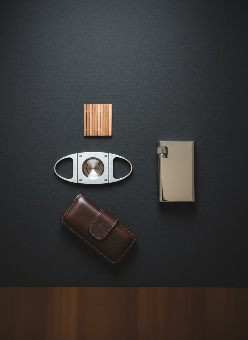 A minimalist display of smoking accessories arranged with precision on a matte black surface: a stainless steel double-blade cigar cutter, a heavy chrome table lighter, a dark leather cigar case, and a small cedar spill. Each object is meticulously crafted, edges crisp and surfaces reflective yet controlled. The background is a soft gradient from deep charcoal to warm brown, suggesting a refined interior without distractions. A single overhead softbox light creates smooth, subtle reflections and delicate shadows, highlighting form and material. Captured from directly above with a carefully balanced composition, the photographic image feels modern, clean, and luxurious, perfect for emphasizing premium cigar accessories and gift items for both smokers and non-smokers.