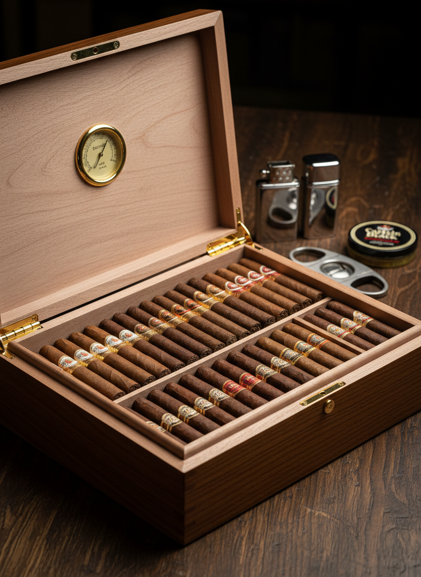 A meticulously organized open desktop humidor made of Spanish cedar, its interior divided into compartments filled with parallel rows of cigars, each aligned perfectly by size and color tone. The humidor’s brass hygrometer and hinges subtly gleam. It rests on a dark oak counter, with a background of blurred cigar accessories: a metal cutter, a classic lighter, and a small tin of pipe tobacco. Soft studio lighting from above and the front creates clear, gentle shadows and crisp detail across the wood grain and cigar textures. Shot from a slightly elevated three-quarter angle with sharp focus throughout, the photographic image feels refined, orderly, and trustworthy, ideal for presenting storage quality and professionalism.