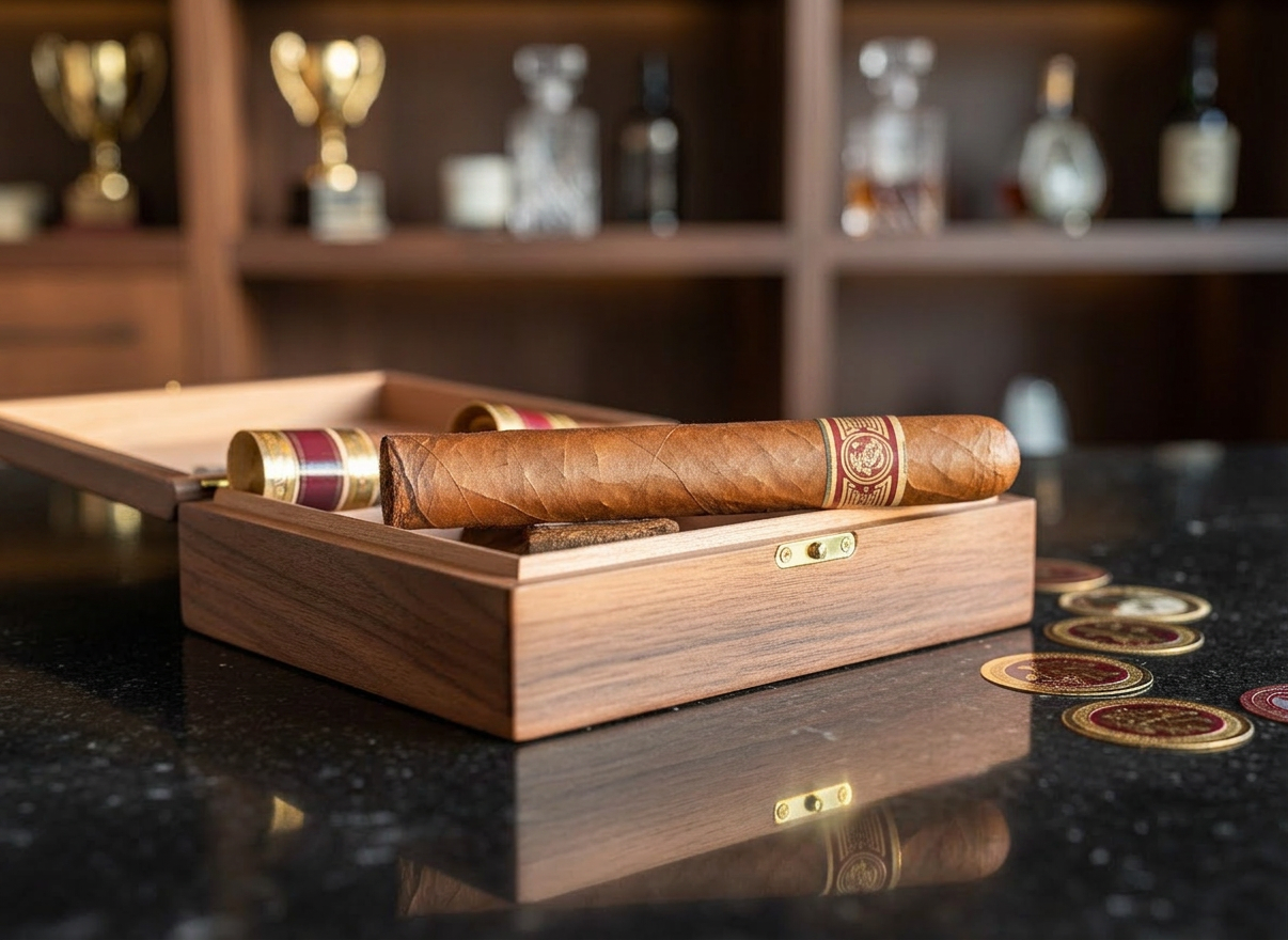 A close-up of a single luxurious cigar resting in an open dark walnut box, its rich brown wrapper leaf showing fine veins and a slightly oily sheen. Around it, neatly arranged bands in gold and deep burgundy add a sense of heritage and elegance. The box sits on a polished black stone surface in a refined lounge setting. Warm, low golden-hour style lighting from the side creates soft highlights along the cigar’s contours and gentle shadows beneath the box. Captured at eye level with a shallow depth of field, the background fades into a tasteful blur of dark wood shelves. Photographic realism, sophisticated and minimal, emphasizing quality and craftsmanship.